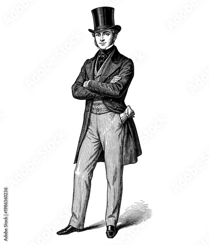 Victorian gentleman in frock coat and top hat vintage engraving