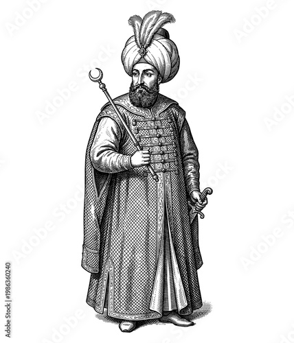 Ottoman sultan with turban crescent scepter vintage engraving