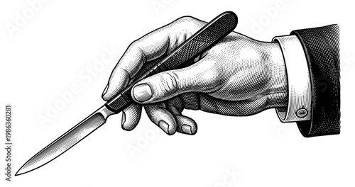 Hand holding scalpel surgical knife vintage engraving