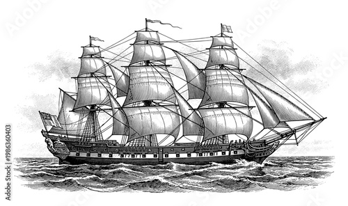Vintage sailing ship frigate on ocean waves engraving