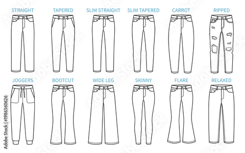 Denim jeans and pants fit types set technical fashion sketch