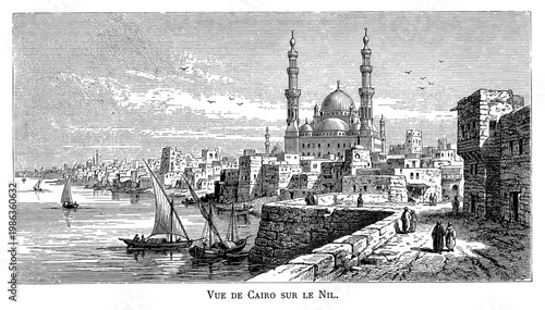 Mosque of Muhammad Ali in Cairo on Nile vintage engraving
