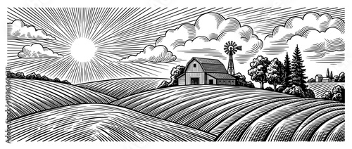 Farm landscape with barn windmill and sun vintage engraving