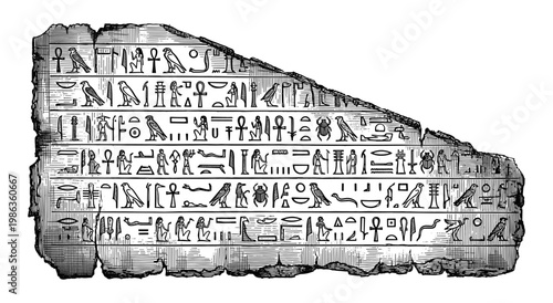 Ancient Egyptian hieroglyphs on stone fragment vintage engraving