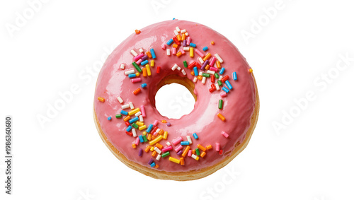 Fotografía Pink frosted donut with colorful sprinkles, isolated on transparent background