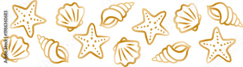 hand drawn gold seashell border with starfish and shells golden line art horizontal decorative element isolated on white background