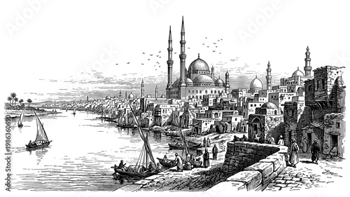 Mosque of Muhammad Ali in Cairo on Nile vintage engraving