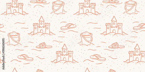 seamless pattern with hand drawn sandcastles buckets and flip flops orange line art beach texture for kids summer design