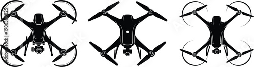Drone icon set black and white illustrations of quadcopter aerial vehicles