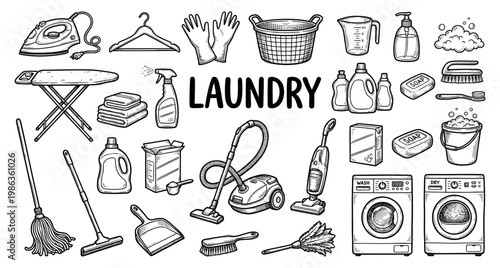 Laundry household cleaning tool and equipment set sketch engraving
