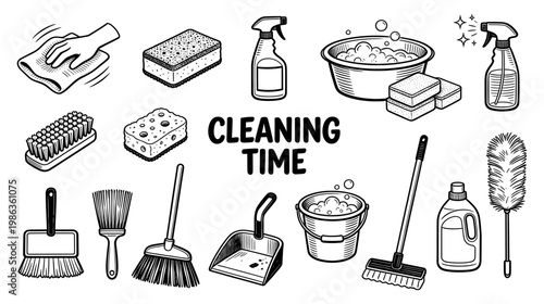 Cleaning household tool set mop broom spray bottle sponge sketch