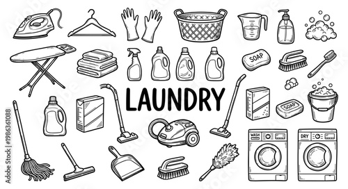 Laundry and cleaning set with washing machine iron vacuum and mop sketch