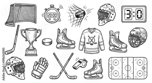  Ice hockey equipment set with skate stick and helmet ink sketch