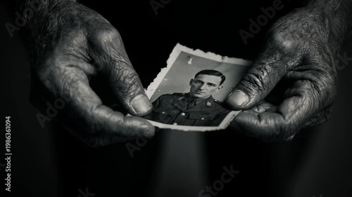 Elderly wrinkled hands holding a vintage photograph of a young soldier. Close-up of a tattered war portrait. Memory and legacy of the world wars