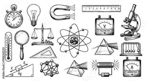 Science physics laboratory set microscope magnifying glass engraving