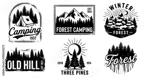 Forest camping badge set with mountain pine tree and tent vintage