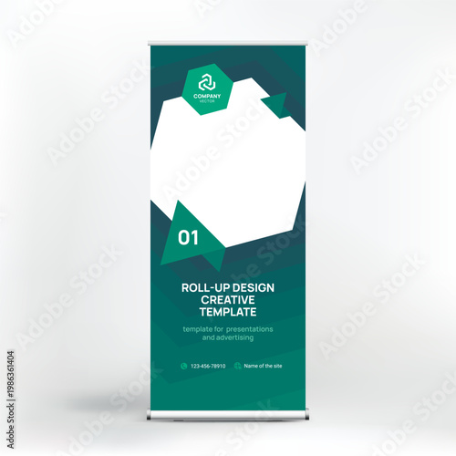 Banner design, roll-up stand for advertising, conferences, seminars, poster template for placing photos and text. Creative background for presentation