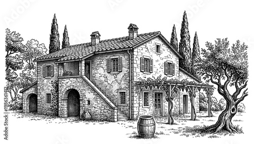 Old Italian stone house with vineyard and olive tree engraving