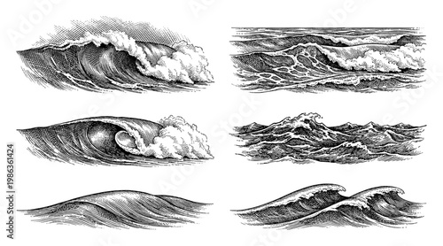 Sea wave set ocean surf splash vintage engraving