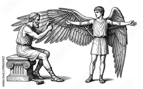 Daedalus attaching wing to Icarus vintage engraving