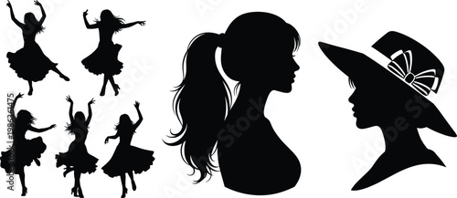 Elegant Female Silhouettes Collection Featuring Graceful Dancers in Flowing Dresses, Profile Portraits with Ponytail Hairstyles, and Stylish Vintage Sun Hats.