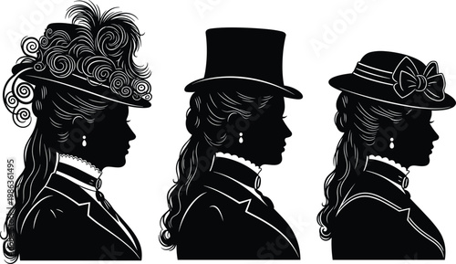 Set of three Victorian era elegant woman silhouettes in profile wearing vintage hats including top hat and ornate floral fascinator