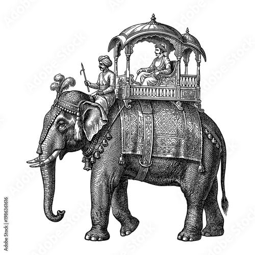Indian elephant with mahout and maharaja in howdah vintage engraving