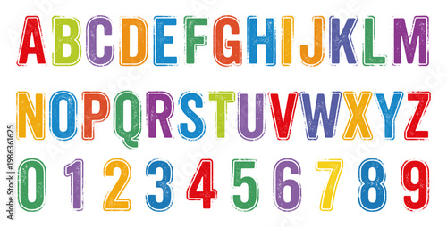 Alphabet number set letter digit character colorful grunge