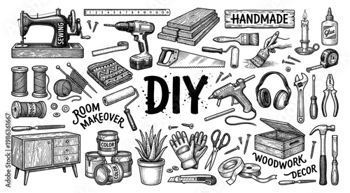 DIY tool set sewing machine drill saw hammer paint and brush sketch