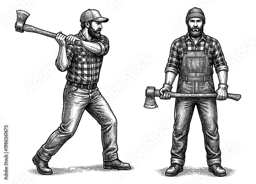 Lumberjack woodcutter set bearded man holding and swinging axe engraving