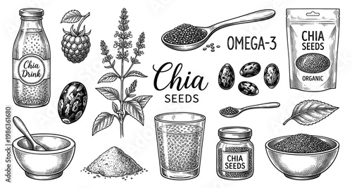 Chia seed set drink bottle bag spoon leaf and flower engraving