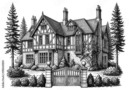Tudor house with gate pine tree and garden vintage engraving