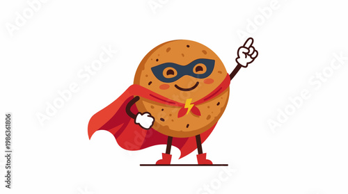 A cheerful animated cookie character, dressed as a superhero with a vibrant red cape and mask, strikes a powerful pose, embodying delicious energy and wholesome fun for engaging designs
