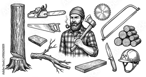 Lumberjack set axe chainsaw saw log and bearded man engraving