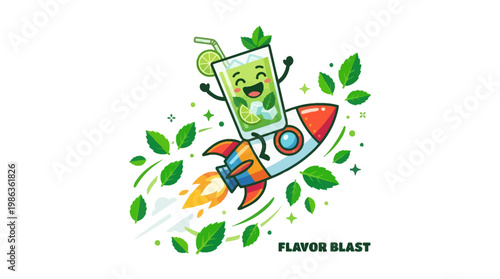 A refreshing mojito cocktail in a rocket blasting off with a trail of mint leaves and the text 'FLAVOR BLAST' in a fun, cartoonish style