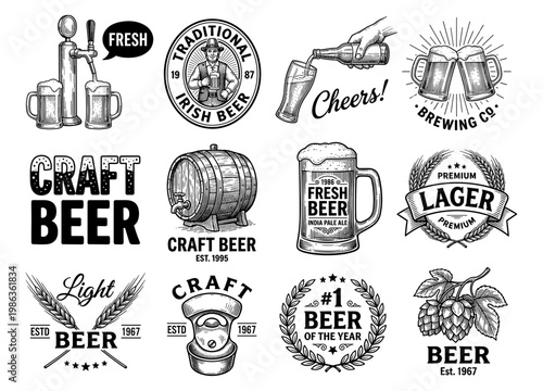 Beer badge set mug glass barrel hop and brewing logo engraving