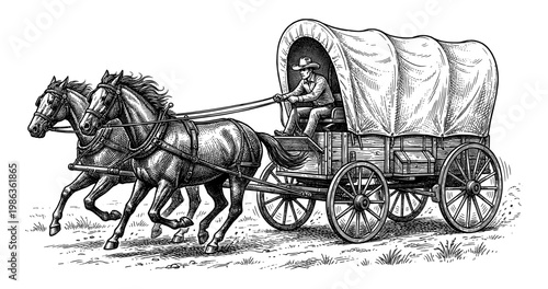 Covered wagon with horse driver and western carriage engraving