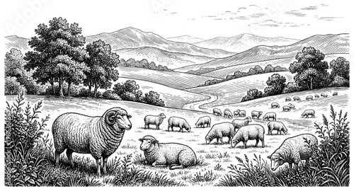 Sheep herd grazing on farm meadow with mountain vintage engraving