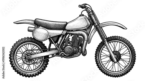 Motocross bike with engine wheel and exhaust vintage engraving