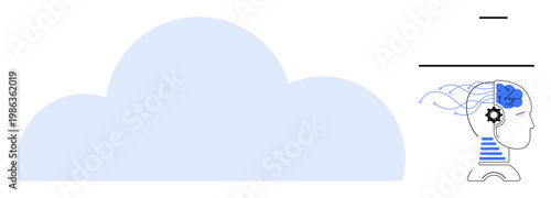Cloud technology, artificial intelligence, data processing, machine learning, digital transformation, innovation. A blue cloud links to a mechanized human brain with circuits. Cloud technology