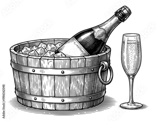 Champagne bottle in wooden ice bucket and glass vintage engraving