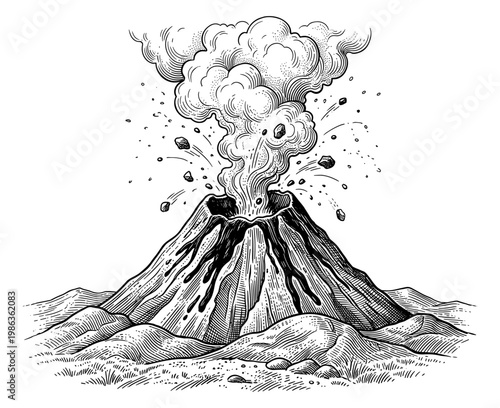 Volcano eruption with smoke lava and flying rock vintage engraving