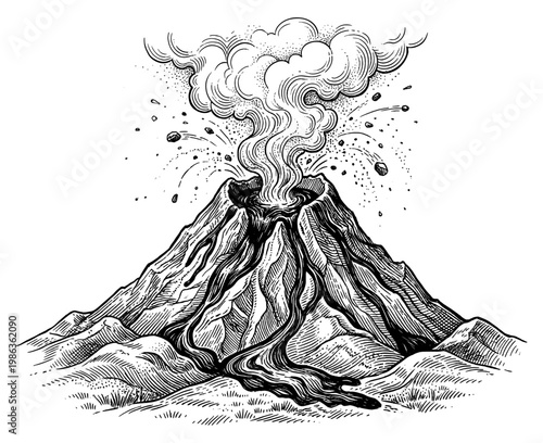 Volcano eruption with smoke lava and flying rock vintage engraving