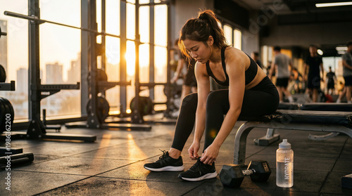 A beautiful young asian woman with a fit body during her fitness workout at an indoor sports club for a healthy lifestyle, hands tying running shoes, Sunset feeling in Fitness Gym
