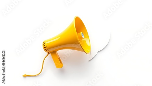 announcer. Shiny yellow megaphone with floating speech bubble on white background. event key visuals, club posters, designed for fitness apps and gym onboarding, used by sports marketers.