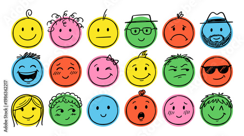 Emoji doodle set with happy sad angry and surprise face emotion sketch