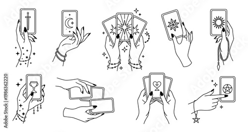 Tarot card set hand holding magic moon sun star and pentacle line art