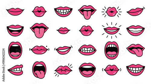 Mouth lips set with smile kiss tongue and female emotion flat icon