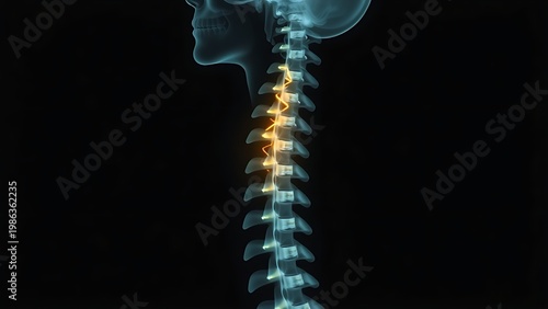 culpability. X-ray silhouette of a human spine with a subtle golden coil ascending within the vertebrae. STEM education sheets, lab safety posters, designed for biotech research communications.