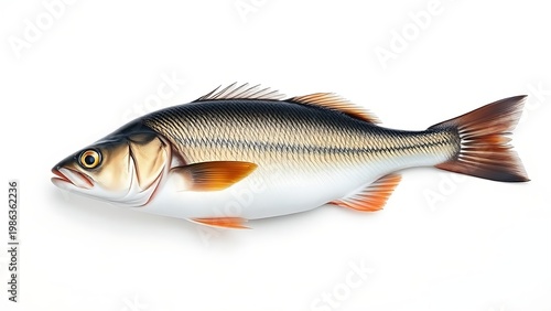 seabass. A single, fresh sea bass presented on a clean white background. menu design, packaging mockups, designed for culinary blogs and recipe cards for restaurants, used by clinicians.